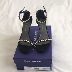 Stuart Weitzman black suede pearl sandals